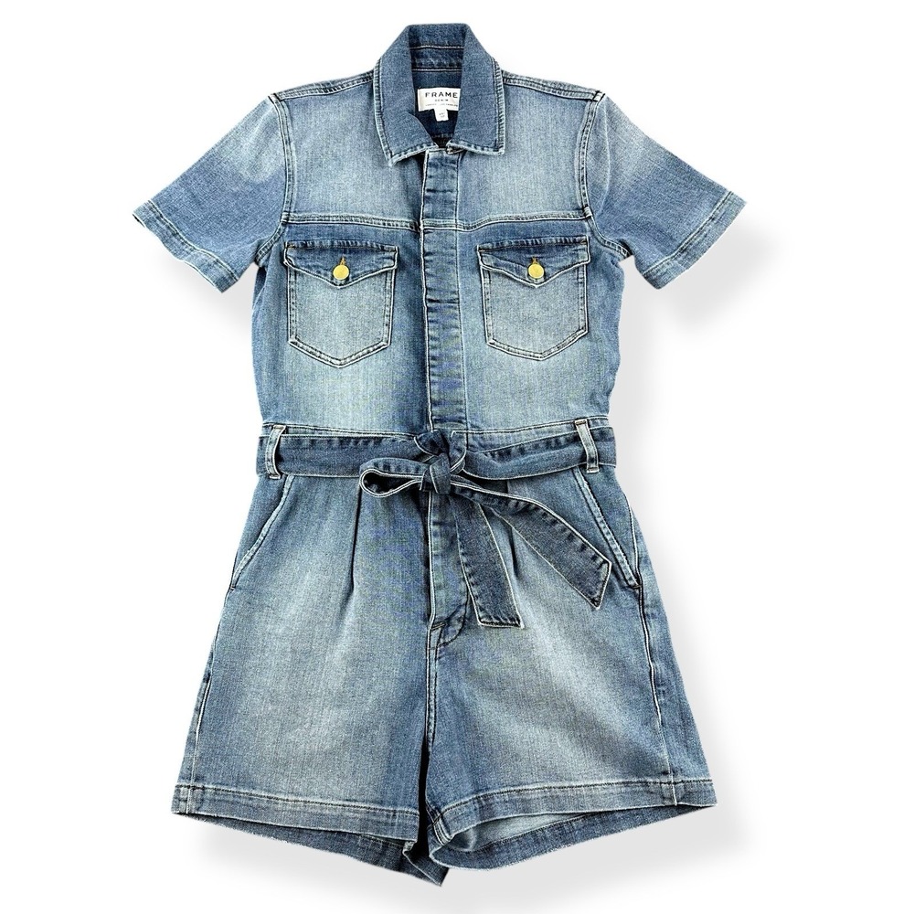 FRAME Denim Women's Romper in Maxson Pleated Belted Denim Jean Short Coverall XS